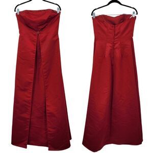 Red Satin Strapless Evening Gown Sz 12 Formal Dress Beaded Caped Skirt Prom Gala